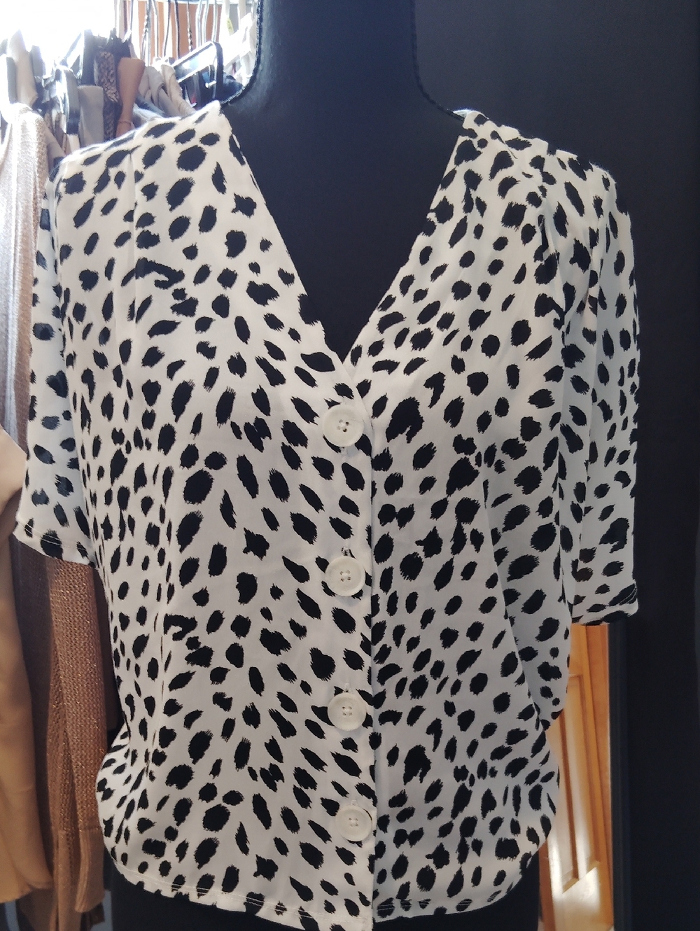 Express Black and White Spotted Button-Down Blouse XS $48